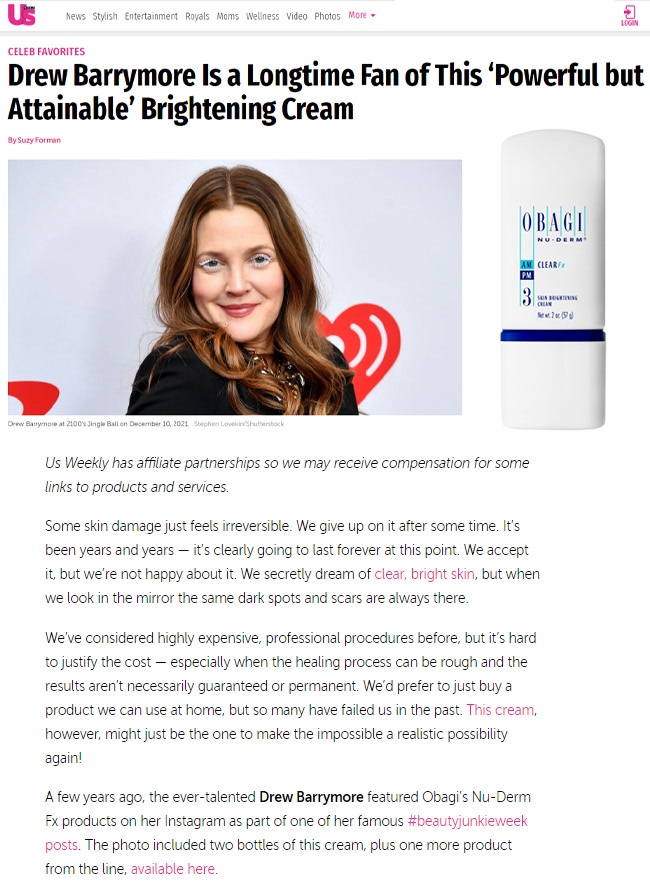 Drew Barrymore’s Obagi Skincare Routine – US Weekly 